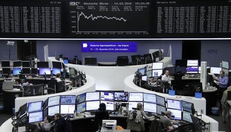 Traders work at their desks in front of the German share price index, DAX board, at the stock exchange in Frankfurt, Germany, March 14, 2016. REUTERS/Staff/Remote