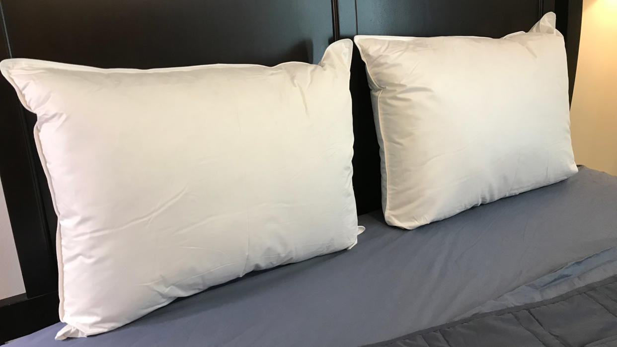  Two Parachute Down Pillows leaning against the headboard of a bed 