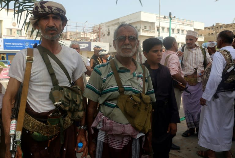 Shiite Huthi rebels at a gathering to mobilise more fighters for the battlefront against pro-government forces in the Red Sea port city of Hodeida