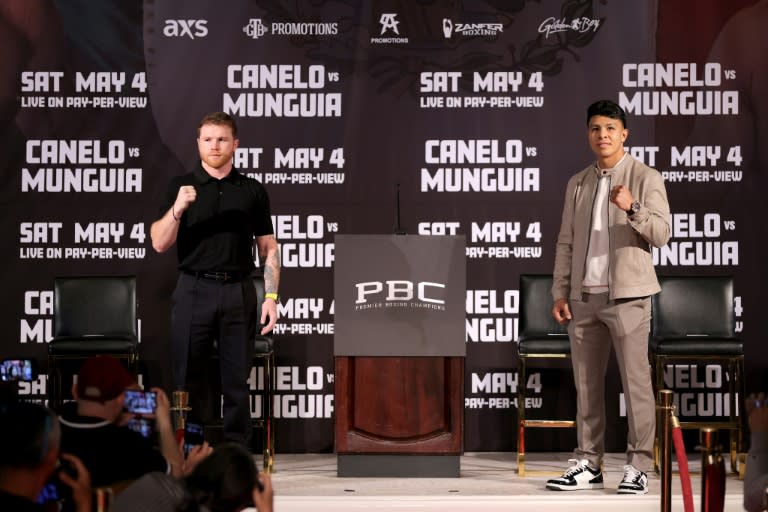 Canelo Alvarez (left) and Jaime Munguia pose ahead of their fight in Las Vegas this weekend (Katelyn Mulcahy)