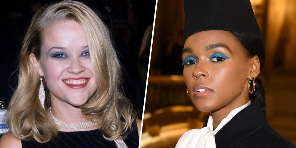 Blue eye shadow then vs. now: Reese Witherspoon in 1998/Janelle Monae in 2019 (WireImage, Getty Images)