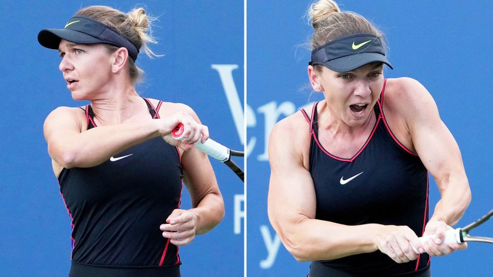 Pictured here, Simona Halep hitting the ball during her first round match at the Cincinnati Masters.