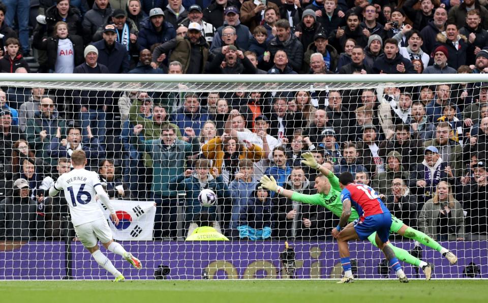 Timo Werner of Tottenham Hotspur scores his team's first goal past Sam Johnstone of Crystal Palace during the Premier League match between Tottenham Hotspur and Crystal Palace