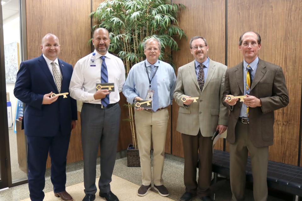 Rodney Gonzalez with the Amarillo VA Hospital System, Todd Bell with the Texas Tech University Health Sciences Center, Scott Milton with the Texas Tech University Health Sciences Center, Brian Weis with the Northwest Texas Healthcare System and Michael Lamanteer with the BSA Healthcare System were all presented keys to the city by the Amarillo City Council in this file photo.