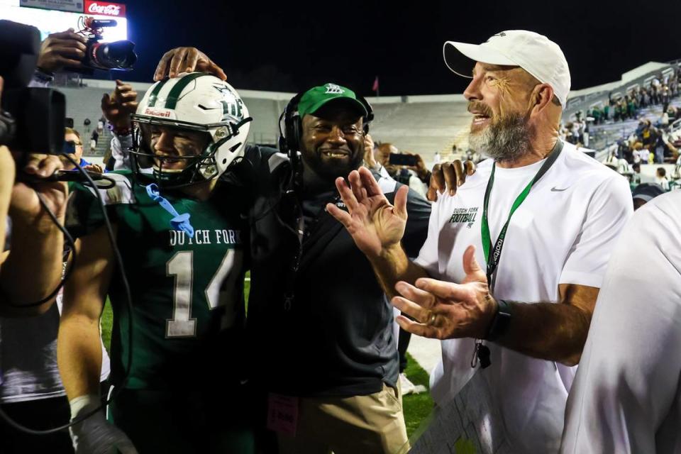 Dutch Fork Silver Foxes head coach Tom Knotts celebrates winning the 5A State Championship Game Friday, Dec. 1, 2023, at South Carolina State’s Oliver Dawson Stadium in Orangeburg, SC.