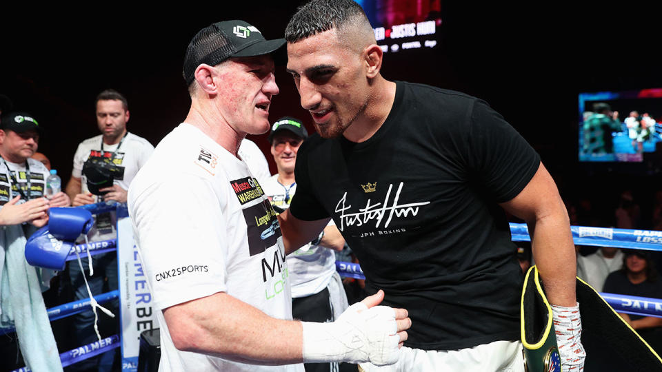 Justis Huni and Paul Gallen, pictured here after their Australian heavyweight title fight.