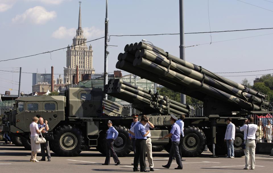 FILE - Russian-made multiple rocket launchers "Smerch" , front, and "Uragan", behind it, at a display on the first day of Moscow's International III Arms Exhibition in Moscow, Wednesday, Aug. 20, 2008. The Russian invasion of Ukraine is the largest conflict that Europe has seen since World War II, with Russia conducting a multi-pronged offensive across the country. The Russian military has pummeled wide areas in Ukraine with air strikes and has conducted massive rocket and artillery bombardment resulting in massive casualties. (AP Photo, File)