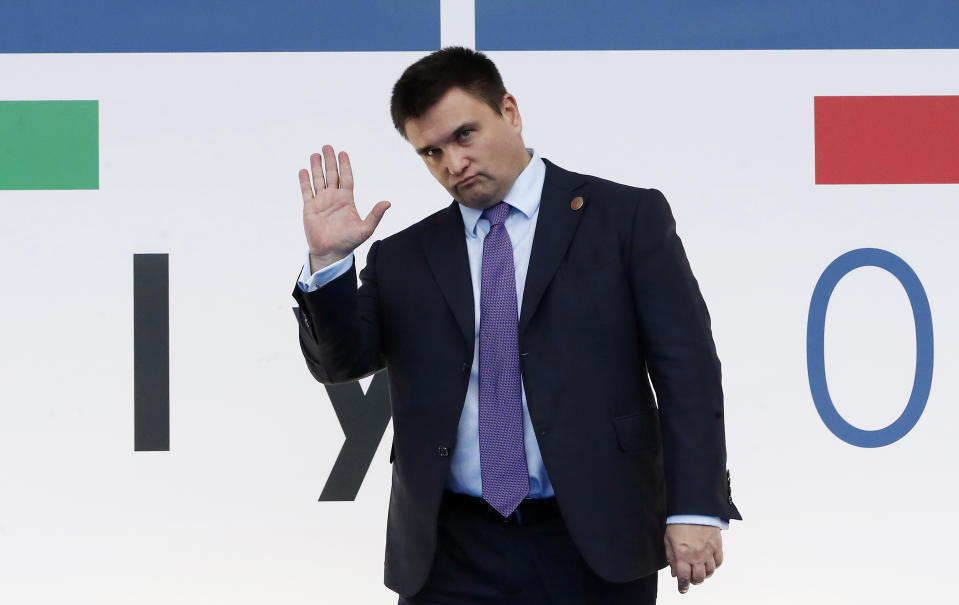Ukraine's Foreign Minister Pavlo Klimkin arrives for the 25th Organization for Security and Co-operation in Europe, OSCE, ministerial council meeting, in Milan, Italy, Thursday, Dec. 6, 2018. (AP Photo/Antonio Calanni)