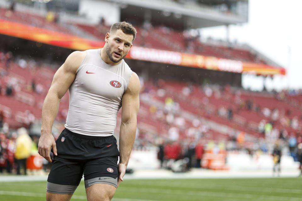 Will Nick Bosa be signed in time for play Week 1 against Pittsburgh?  (Michael Owens/Getty Images)