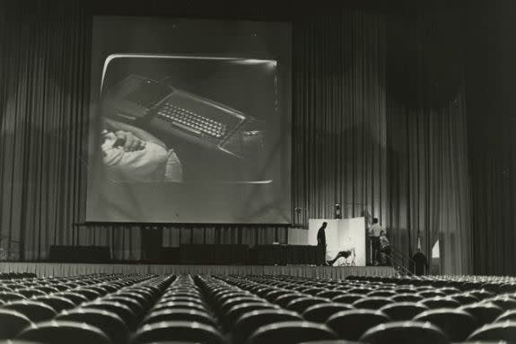 Engelbart prepares for the Demo at the San Francisco Civic Auditorium (now the Bill Graham Civic Auditorium).