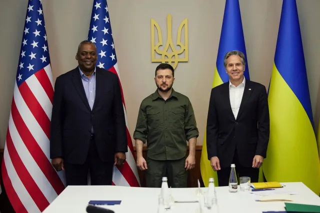 In this image from video provided by the Ukrainian Presidential Press Office and posted on Facebook, on Monday, April 25, 2022, from left; U.S. Secretary of Defense Lloyd Austin, Ukrainian President Volodymyr Zelenskyy and U.S. Secretary of State Antony Blinken pose for a picture during their meeting in Kyiv, Ukraine. (Ukrainian Presidential Press Office via AP) (AP)