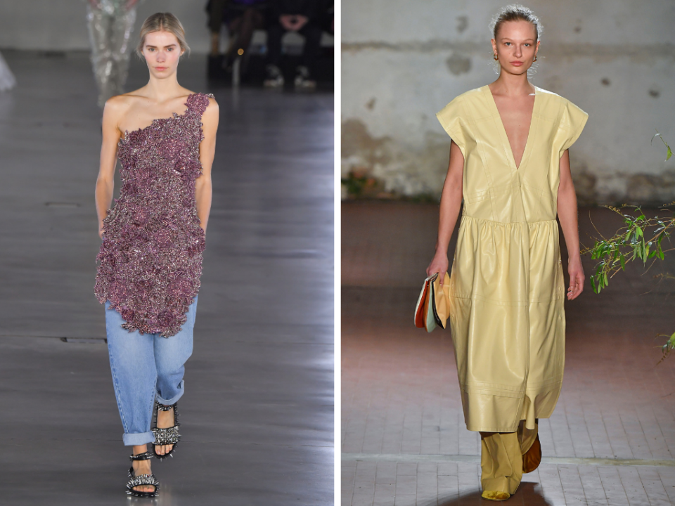 Las modelos llevaron vestidos sobre pantalones en las pasarelas de otoño de 2019 para la firma Balmain, a la izquierda, y Jil Sander, a la derecha. (Getty)