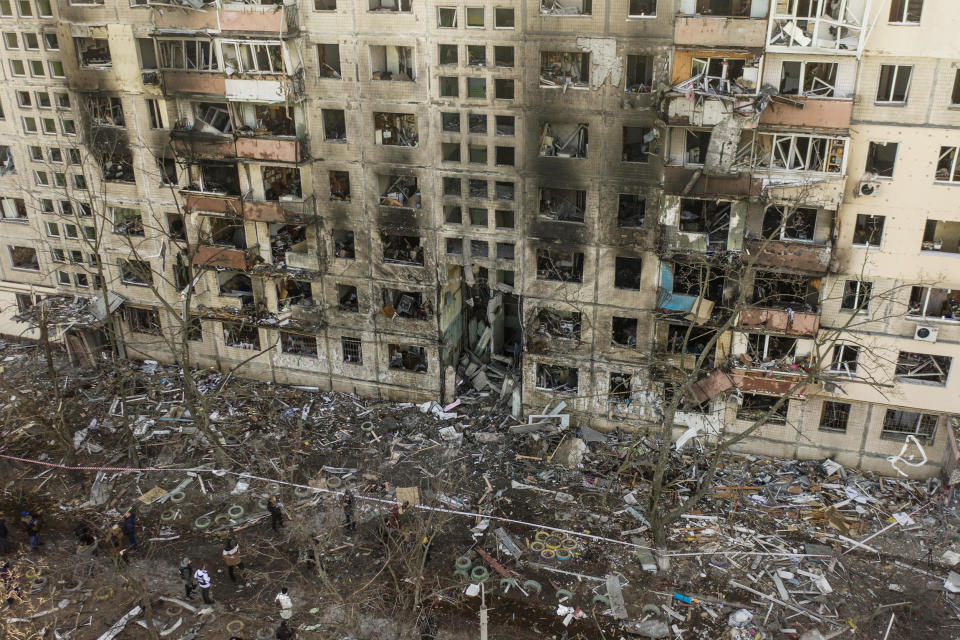 The destruction caused by heavy shelling at a residential building in central Kyiv, Ukraine, on Monday. (Miguel Toran / NBC)