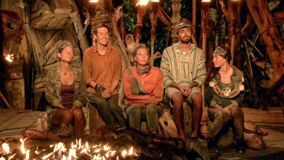 Angela Perkins, Donathan Hurley, Jenna Bowman, Sebastian Noel and Chelsea Townsend at Tribal Council on the eleventh episode of Survivor: Ghost Island, airing Wednesday, May 2 (8:00-9:01 PM, ET/PT) on the CBS Television Network. Image is a screen grab. (Photo by CBS via Getty Images)