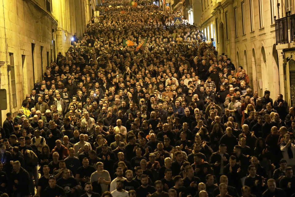 Thousands of demonstrators attend a protest by police professional associations demanding better salaries and work conditions in Lisbon, Jan. 24, 2024. Despite tens of billions of euros (dollars) in European Union development aid in recent decades, Portugal remains one of Western Europe's poorest countries with income levels to match. (AP Photo/Armando Franca)