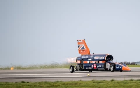 NEWQUAY, ENGLAND - OCTOBER 26: The Bloodhound supersonic car, driven by Royal Air Force Wing Commander Andy Green, undergoes a test run at the airport on October 26, 2017 in Newquay, England. The Bloodhound supersonic car is taking part in its first high speed trials today and aims to break the current world land speed record in South Africa in 2019. (Photo by Carl Court/Getty Images) - Credit: Carl Court/Getty Images Europe