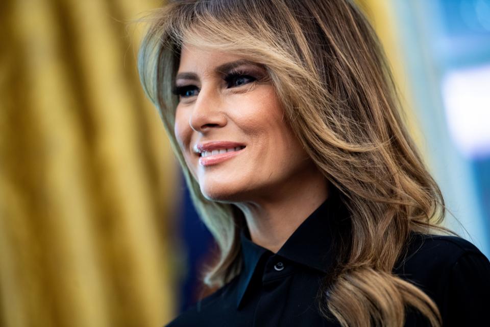 First Lady Melania Trump attends a ceremony commemorating the 50th anniversary of the Moon landing, on July 19, 2019, at the White House in Washington, DC. (Photo by Brendan Smialowski / AFP)        (Photo credit should read BRENDAN SMIALOWSKI/AFP/Getty Images)