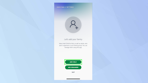 A screen displaying how to set up Xbox family settings