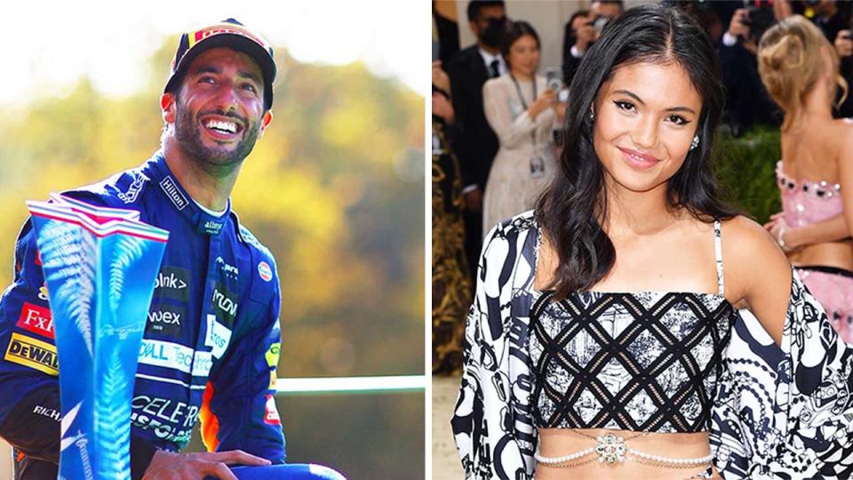 US Open winner Emma Raducanu (pictured right) at the Met Gala and (pictured left) F1 star Daniel Ricciardo after winning the Italian GP.