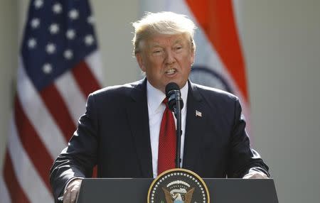 U.S. President Donald Trump addresses a joint news conference with Indian Prime Minister Narendra Modi in the Rose Garden of the White House in Washington, U.S., June 26, 2017. REUTERS/Kevin Lamarque