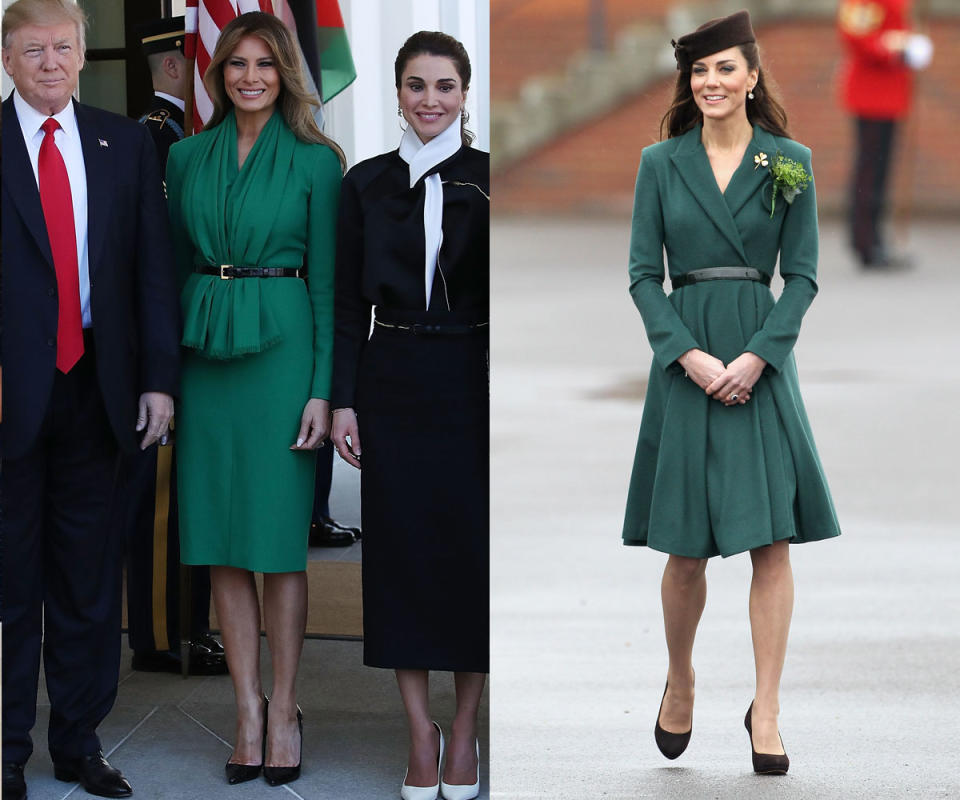 <p>To meet with Jordan’s Queen Rania in April, Melania called on Hervé Pierre, the designer of her inaugural ball gown, to make her something beautiful. The bright green color is one that Kate Middleton loves too; she steps out in the shade every St. Patrick’s Day. (Photos: Getty Images) </p>