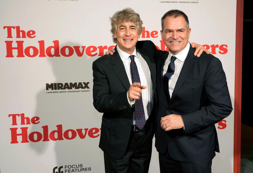 "The Holdovers" director Alexander Payne, left, and screenwriter David Hemingson at a screening in Los Angeles last month.