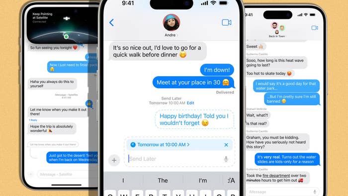 Three iPhones display conversations between various people. Center phone shows Andre's chat about meeting for a walk, scheduling a message, and wishing happy birthday