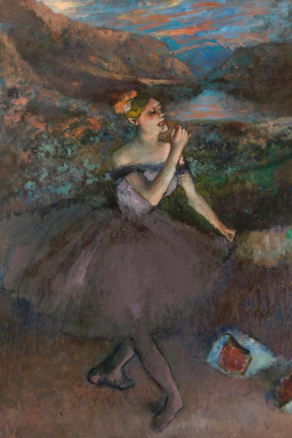 Edgar Degas, Dancer with Bouquets, c. 1895–1900. Oil on canvas; overall: 180.3 x 152.4 cm (71 x 60 in.). Chrysler Museum of Art, Norfolk, Gift of Walter P. Chrysler, Jr., in memory of Della Viola Forker Chrysler, 1971, 71.507