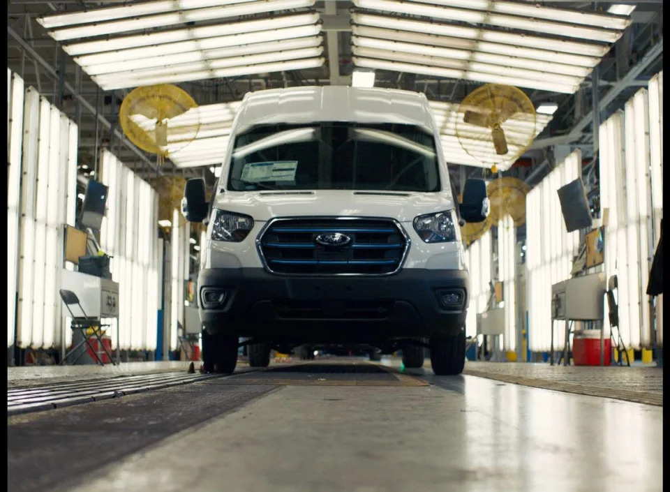 A Ford E-Transit van is shown inside the automaker’s Kansas City Assembly Plant. Ford just delivered the first models of its all-electric cargo van.