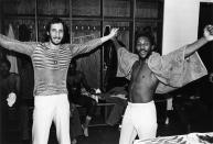 <p>Peter Townshend of The Who and Toots Hibbert of Toots & the Maytals strike the same pose, while waiting backstage at a festival in Providence, Rhode Island. </p>