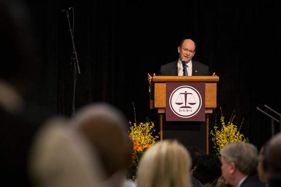 One of the past speakers at the Delaware State Bar Association's annual Dr. Martin Luther King Jr. Breakfast & Statewide Day of Service includes U.S. Senator Chris Coons, who is pictured sharing a few words at the Chase Center on the Riverfront in Wilmington.