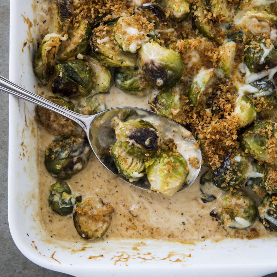 This undated photo provided by America's Test Kitchen in March 2019 shows Brussels Sprout Gratin. The recipe appears in the cookbook "Vegetables Illustrated." (Joe Keller/America's Test Kitchen via AP)