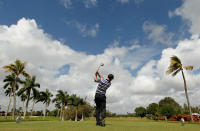 MIAMI, FL - MARCH 08: Paul Casey of England watches his tee shot on the second hole during first round of the World Golf Championships-Cadillac Championship on the TPC Blue Monster at Doral Golf Resort And Spa on March 8, 2012 in Miami, Florida. (Photo by Mike Ehrmann/Getty Images)