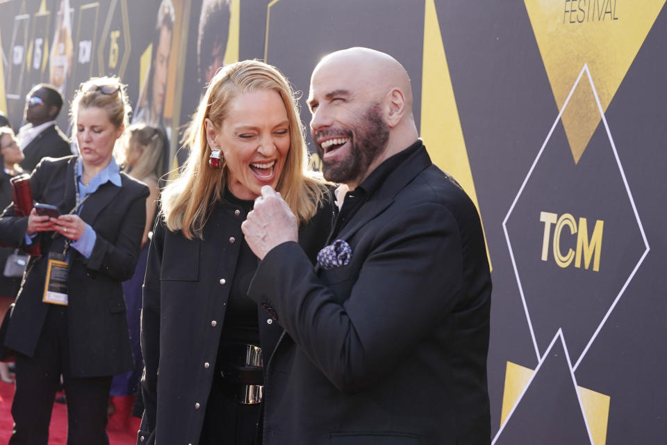 HOLLYWOOD, CALIFORNIA - APRIL 18: (L-R) Uma Thurman and John Travolta attend the Opening Night Gala and 30th Anniversary Screening of "Pulp Fiction" during the 2024 TCM Classic Film Festival at TCL Chinese Theatre on April 18, 2024 in Hollywood, California. (Photo by Presley Ann/Getty Images for TCM)