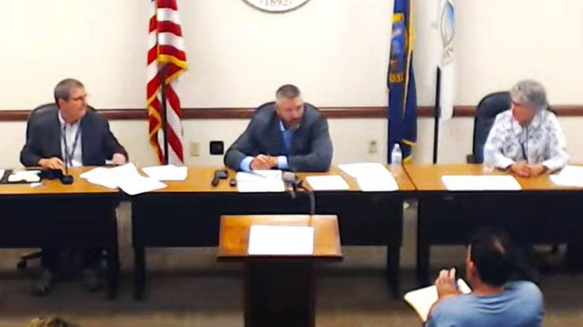 The Canyon County Commission meets in August 2023. From left: Brad Holton of District 2, Zach Brooks of District 3, and Leslie Van Beek of District 1. All are Republicans. Canyon County via YouTube
