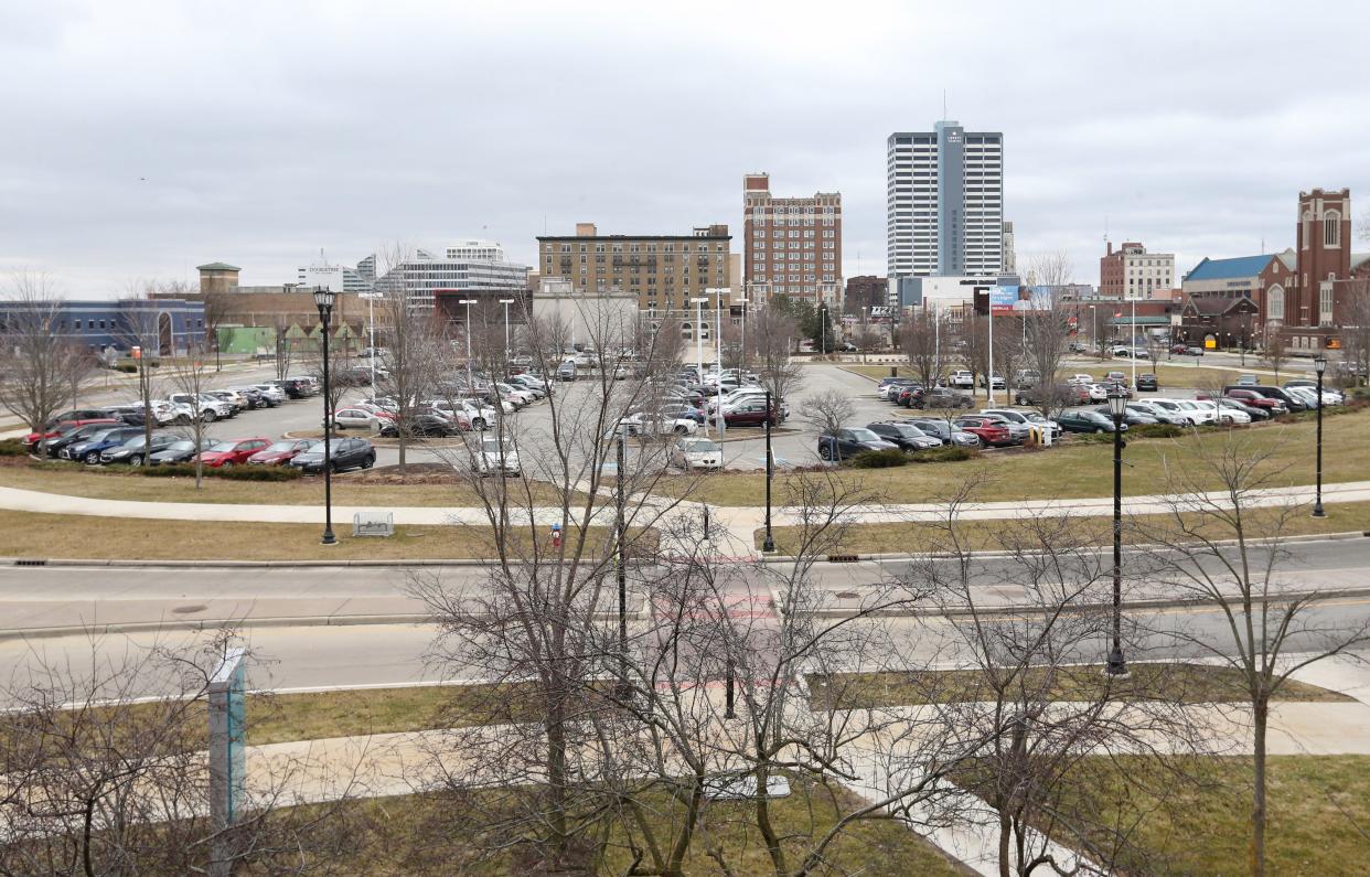 The view of the parking lots south of Memorial Hospital Thursday, Feb. 15, 2024. The area is slated to be developed into one of the largest mixed-use projects in South Bend’s history.