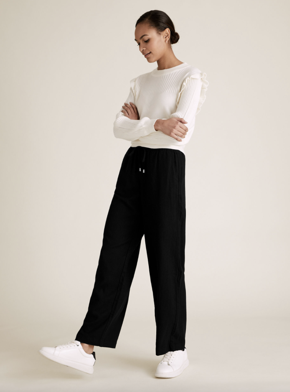 M&S linen trousers come in three colours; black, navy blue and white.  (Marks and Spencer)