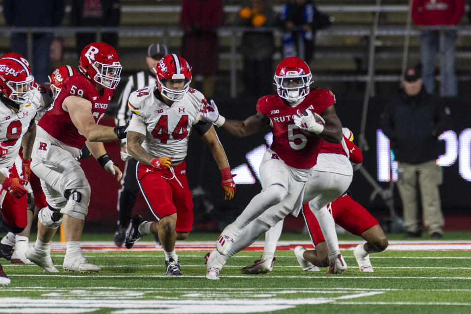 Rutgers running back Kyle Monangai gains yards in the second half of an NCAA college football game against Maryland, Saturday, Nov. 25, 2023, in Piscataway, N.J. (AP Photo/Corey Sipkin)