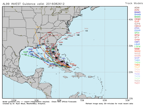 "Spaghetti plot" showing potential tracks of Invest 99L.