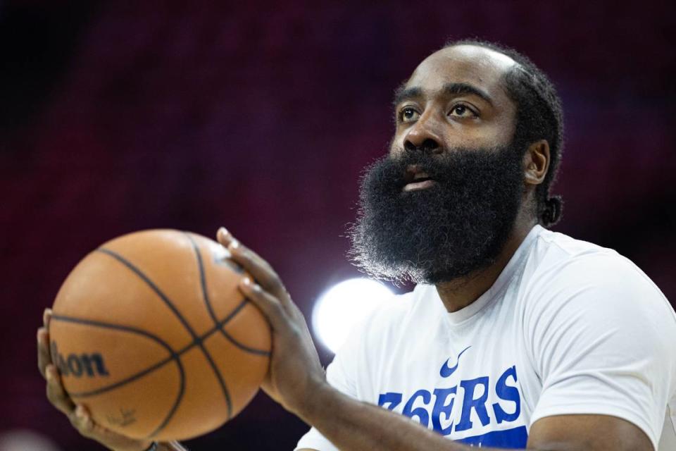 Philadelphia 76ers guard James Harden warms up before game six of the 2023 NBA playoffs against the Boston Celtics at Wells Fargo Center.