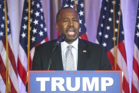 Former Republican U.S. presidential candidate Ben Carson endorses Republican presidential candidate Donald Trump (not pictured) at a Trump campaign event in Palm Beach, Florida March 11, 2016. REUTERS/Carlo Allegri