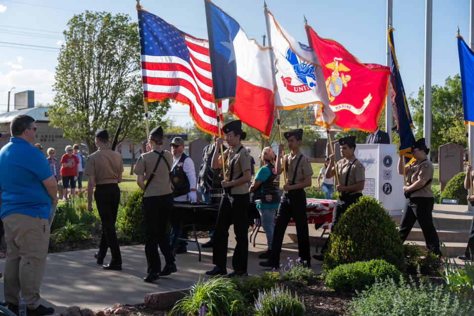 The Tascosa High School Navy ROTC color guard transports the colors Wednesday evening during the Missing in America's Project ceremony honoring three unclaimed veterans  at the Texas Panhandle War Memorial Center in Amarillo.