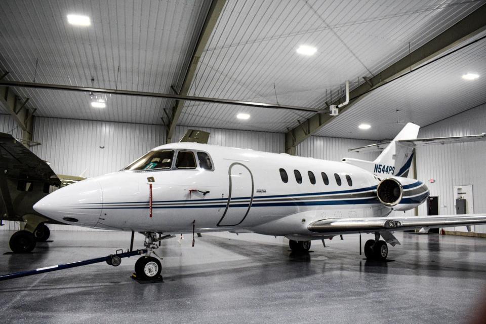 The Hawker 800XP mid-size jet, the biggest plane in the Erie Air Service fleet, has a speed of 500 mph and a range of 2,500 miles. It is one of two jets available for charter service.