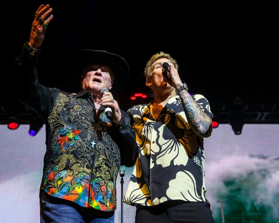 Mark McGrath (right) performs with frontman Mike Love of The Beach Boys in the Palomino tent during Stagecoach country music festival in Indio, Calif., Sunday, April 28, 2024.