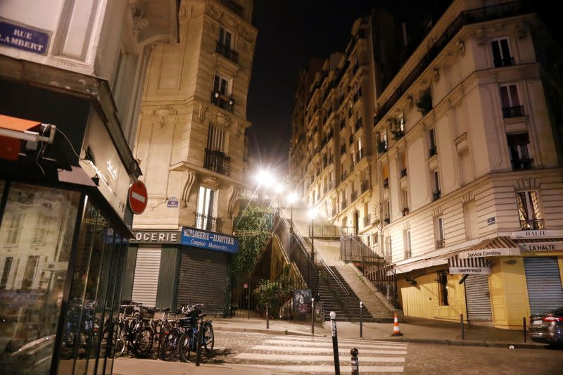 Empty streets are seen in Montmartre during the late-night curfew due to restrictions against the spread of the coronavirus disease (COVID-19) in Paris