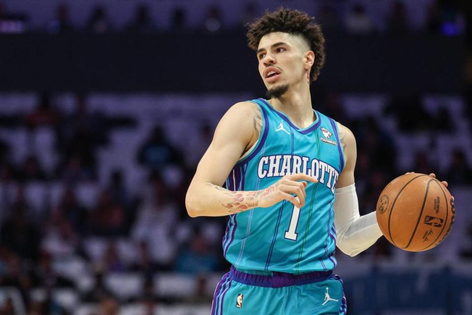 Hornets guard LaMelo Ball dribbles the ball down the court during the game against the Hawks at Spectrum Center on Wednesday, October 25, 2023.