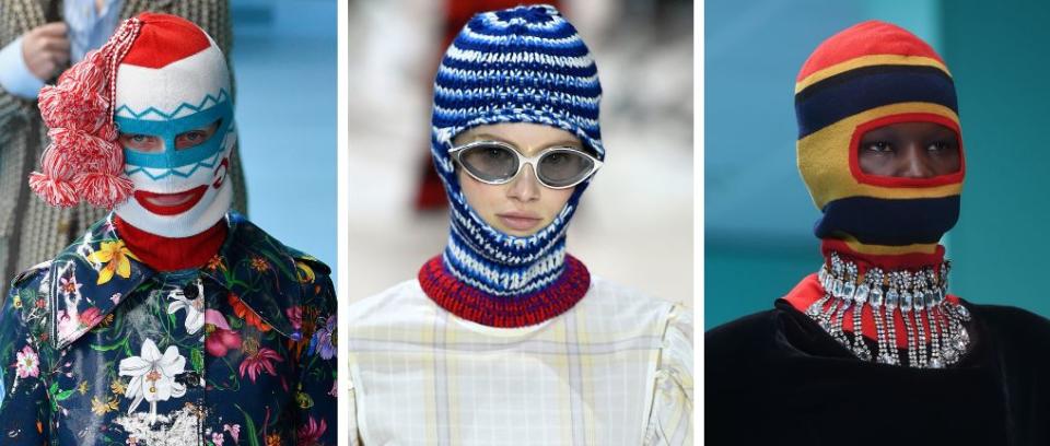 Balaclavas seen at Gucci (left and far right) and Calvin Klein (middle).&nbsp; (Photo: Getty)