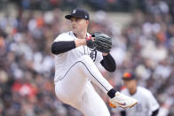 Detroit Tigers pitcher Tarik Skubal throws during the second inning of a baseball game against the Oakland Athletics, Friday, April 5, 2024, in Detroit. (AP Photo/Carlos Osorio)