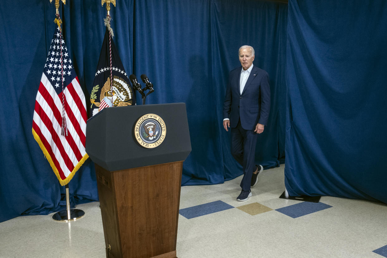 President Joe Biden arrives to speak to members of the media in Rehoboth Beach, Del., about the shooting incident at Donald Trump’s rally in Pa., on Saturday, July 13, 2024. (Pete Marovich/The New York Times)