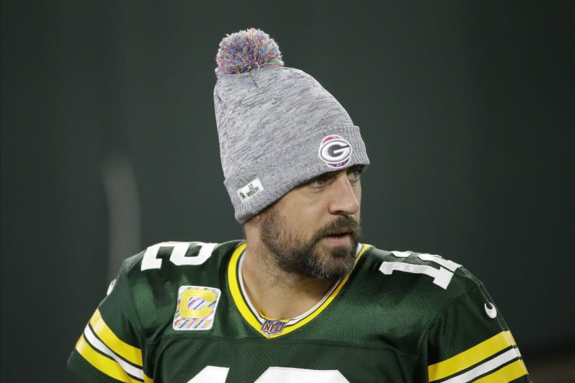 Green Bay Packers quarterback Aaron Rodgers leaves the field following an NFL football game against the Atlanta Falcons, Monday, Oct. 5, 2020, in Green Bay, Wis. (AP Photo/Mike Roemer)